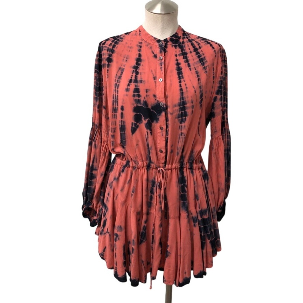 VICI Mini Dress Womens Large Peach Navy Blue Tie Dye Long Sleeve Rayon Boho